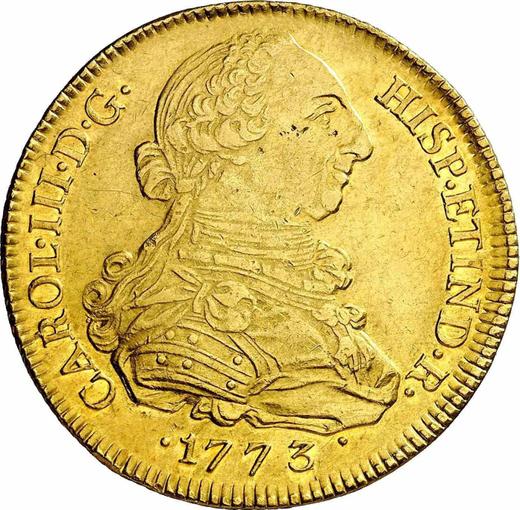 Awers monety - 8 escudo 1773 P JS - cena złotej monety - Kolumbia, Karol III