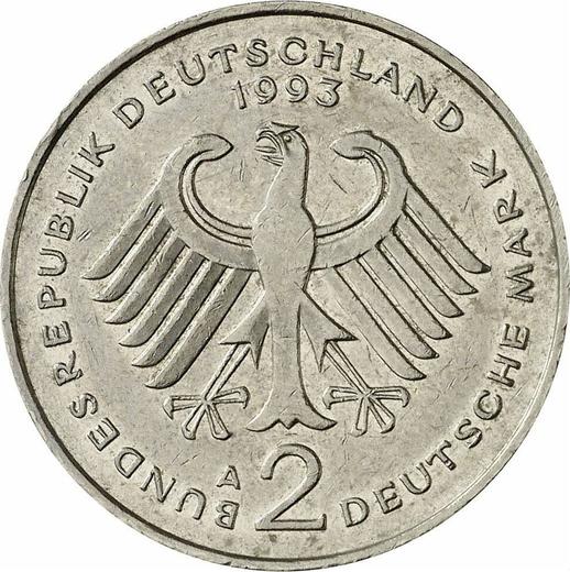 Reverse 2 Mark 1993 A "Franz Josef Strauss" -  Coin Value - Germany, FRG
