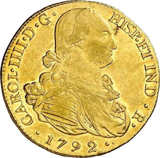 Аверс монеты - 8 эскудо 1792 года P JF - цена золотой монеты - Колумбия, Карл IV