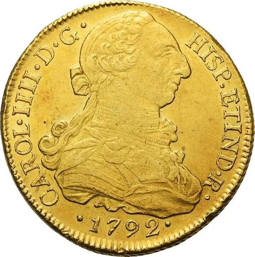 Anverso 8 escudos 1792 So DA - valor de la moneda de oro - Chile, Carlos IV