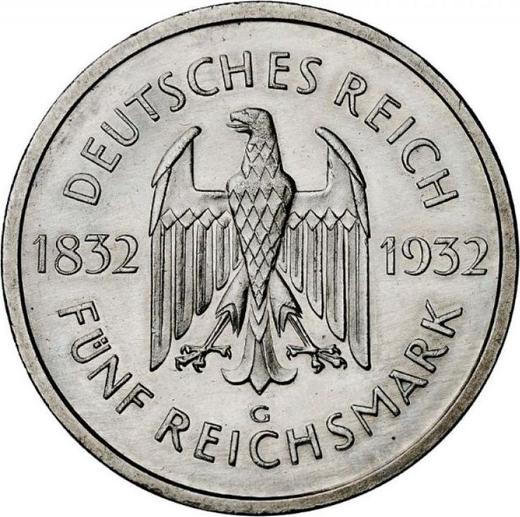 Аверс монеты - 5 рейхсмарок 1932 года G "Гёте" - цена серебряной монеты - Германия, Bеймарская республика