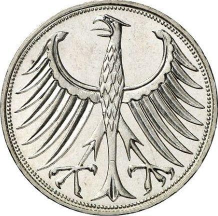 Реверс монеты - 5 марок 1960 года J - цена серебряной монеты - Германия, ФРГ