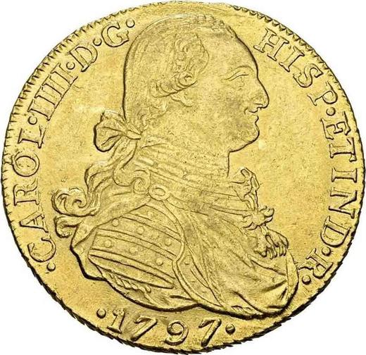 Аверс монеты - 8 эскудо 1797 года NR JJ - цена золотой монеты - Колумбия, Карл IV