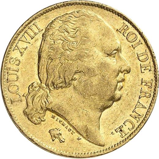 Аверс монеты - 20 франков 1820 года T "Тип 1816-1824" Нант - цена золотой монеты - Франция, Людовик XVIII