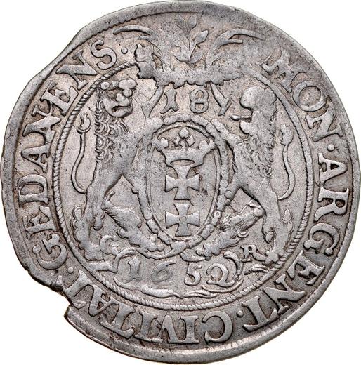 Rewers monety - Ort (18 groszy) 1652 GR "Gdańsk" - cena srebrnej monety - Polska, Jan II Kazimierz