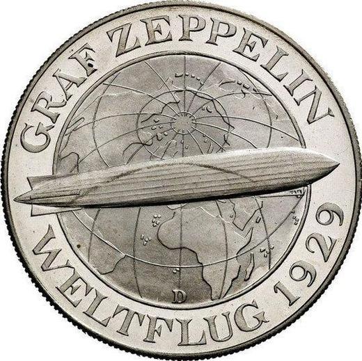 Rewers monety - 5 reichsmark 1930 D "Zeppelin" - cena srebrnej monety - Niemcy, Republika Weimarska