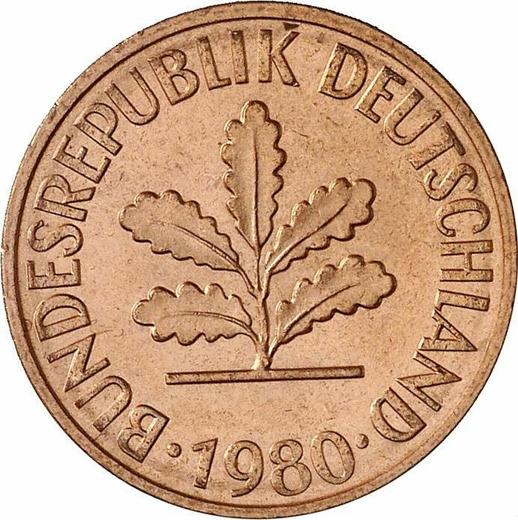Реверс монеты - 2 пфеннига 1980 года J - цена  монеты - Германия, ФРГ
