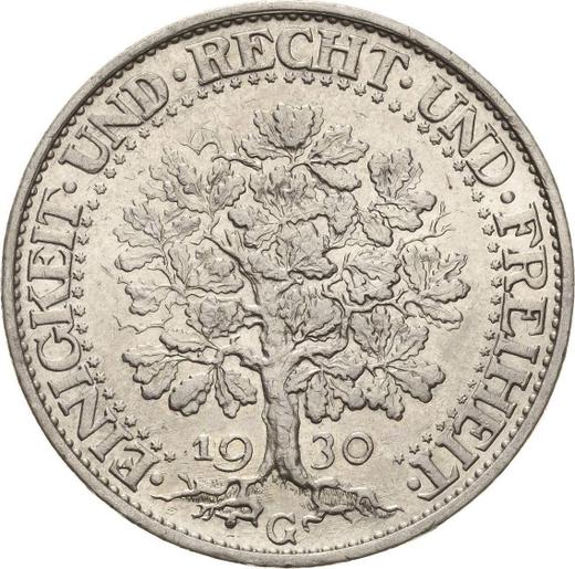 Реверс монеты - 5 рейхсмарок 1930 года G "Дуб" - цена серебряной монеты - Германия, Bеймарская республика