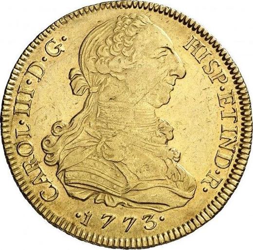 Anverso 8 escudos 1773 MJ - valor de la moneda de oro - Perú, Carlos III
