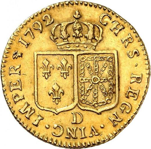 Reverso Louis d'Or 1792 D "Tipo 1785-1792" Lyon - valor de la moneda de oro - Francia, Luis XVI