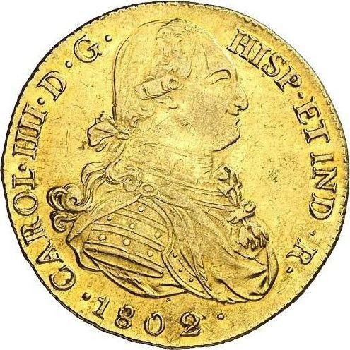 Аверс монеты - 8 эскудо 1802 года P JF - цена золотой монеты - Колумбия, Карл IV