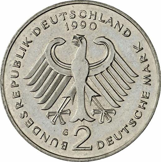 Rewers monety - 2 marki 1990 G "Franz Josef Strauss" - cena  monety - Niemcy, RFN