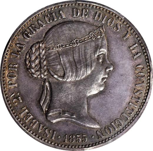 Аверс монеты - Пробные 5 песет - 5 франков 1855 года Гибрид - цена серебряной монеты - Филиппины, Изабелла II