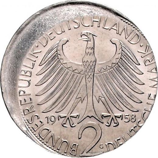 Rewers monety - 2 marki 1957-1971 "Max Planck" Przesunięcie stempla - cena  monety - Niemcy, RFN