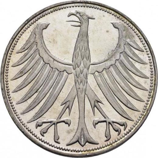 Реверс монеты - 5 марок 1951 года G - цена серебряной монеты - Германия, ФРГ