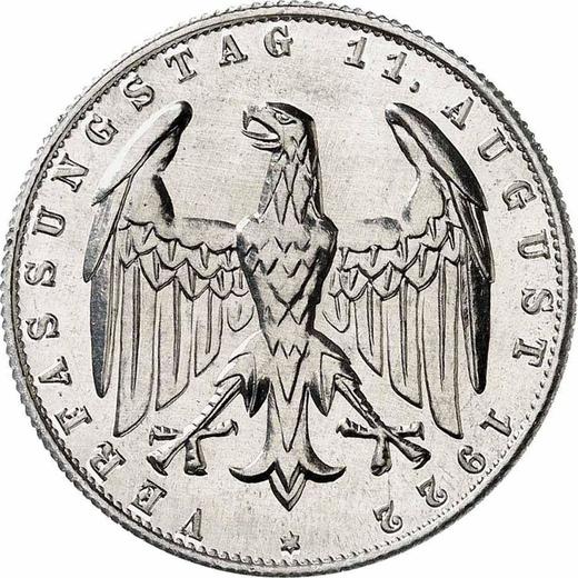 Anverso 3 marcos 1922 F "Constitución" - valor de la moneda  - Alemania, República de Weimar