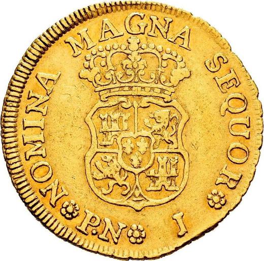 Reverso 2 escudos 1758 PN J - valor de la moneda de oro - Colombia, Fernando VI