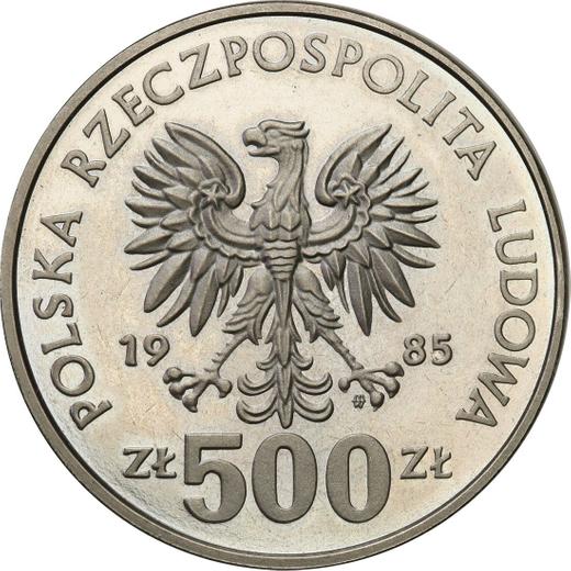 Аверс монеты - Пробные 500 злотых 1985 года MW "40 лет ООН" Серебро - цена серебряной монеты - Польша, Народная Республика