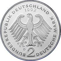 Reverse 2 Mark 1992 D "Ludwig Erhard" -  Coin Value - Germany, FRG