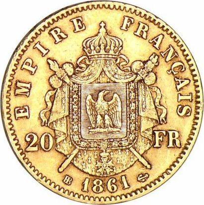 Reverso 20 francos 1861 BB "Tipo 1861-1870" Estrasburgo - valor de la moneda de oro - Francia, Napoleón III Bonaparte