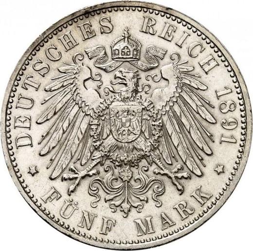 Reverso 5 marcos 1891 J "Hamburg" - valor de la moneda de plata - Alemania, Imperio alemán