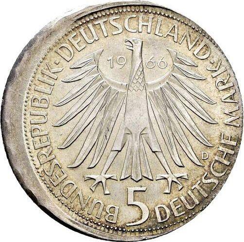 Rewers monety - 5 marek 1966 D "Leibniz" Przesunięcie stempla - cena srebrnej monety - Niemcy, RFN
