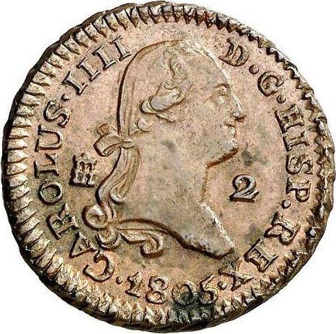 Аверс монеты - 2 мараведи 1805 года - цена  монеты - Испания, Карл IV