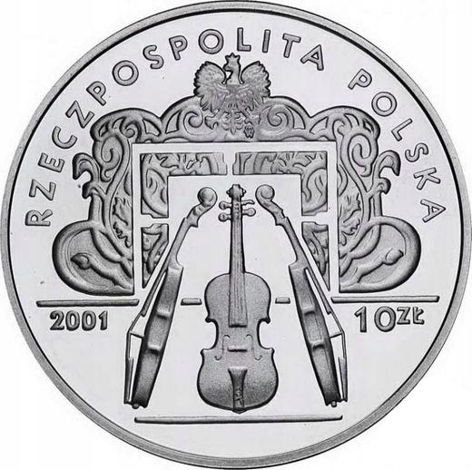 Аверс монеты - 10 злотых 2001 года MW RK "XII Международный конкурс скрипачей имени Генрика Венявского" - цена серебряной монеты - Польша, III Республика после деноминации