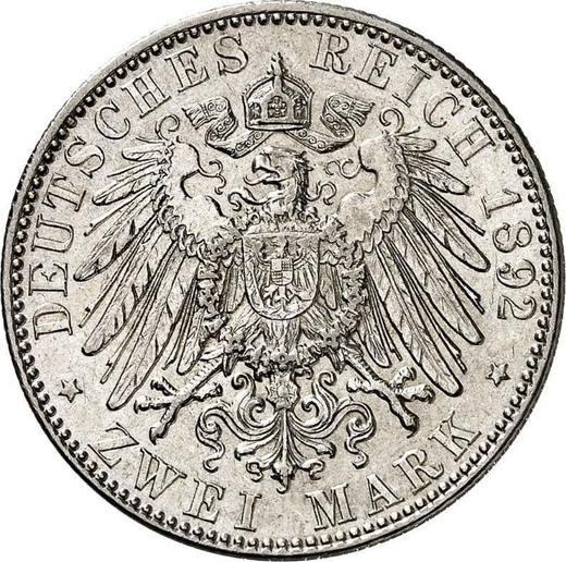 Reverso 2 marcos 1892 J "Hamburg" - valor de la moneda de plata - Alemania, Imperio alemán