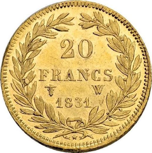 Rewers monety - 20 franków 1831 W "Rant wciśnięty" Lille - cena złotej monety - Francja, Ludwik Filip I