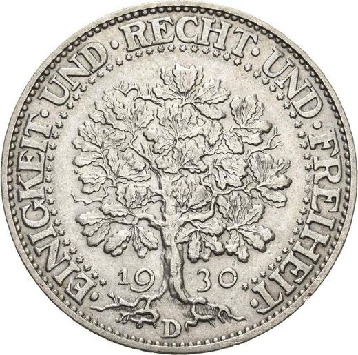 Rewers monety - 5 reichsmark 1930 D "Dąb" - cena srebrnej monety - Niemcy, Republika Weimarska