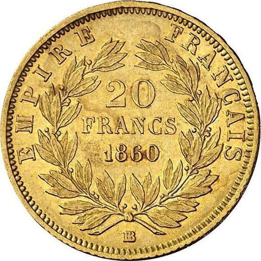 Reverso 20 francos 1860 BB "Tipo 1853-1860" Estrasburgo - valor de la moneda de oro - Francia, Napoleón III Bonaparte