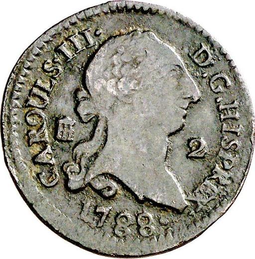 Аверс монеты - 2 мараведи 1788 года Надпись "CAROULS" - цена  монеты - Испания, Карл III