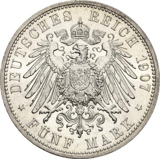 Reverso 5 marcos 1907 "Baden" Muerte de Federico I - valor de la moneda de plata - Alemania, Imperio alemán