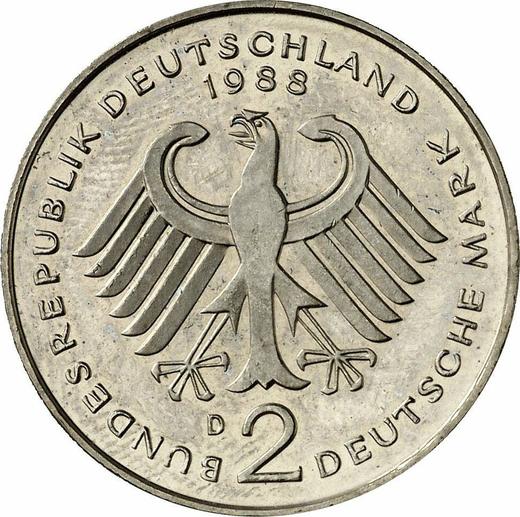 Reverso 2 marcos 1988 D "Kurt Schumacher" - valor de la moneda  - Alemania, RFA