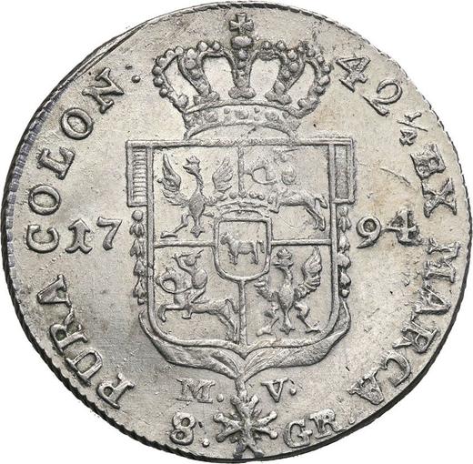 Reverso Dwuzłotówka (8 groszy) 1794 MV "Insurrección de Kościuszko" Inscripción "42 1/4" - valor de la moneda de plata - Polonia, Estanislao II Poniatowski