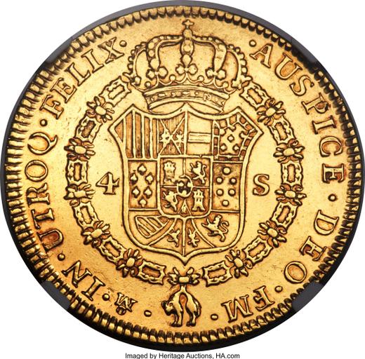 Реверс монеты - 4 эскудо 1776 года Mo FM - цена золотой монеты - Мексика, Карл III