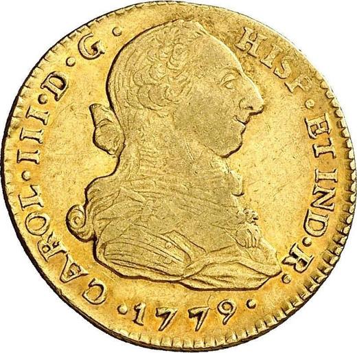 Аверс монеты - 2 эскудо 1779 года P SF - цена золотой монеты - Колумбия, Карл III