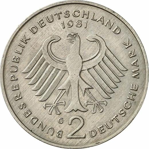 Reverse 2 Mark 1981 G "Konrad Adenauer" -  Coin Value - Germany, FRG