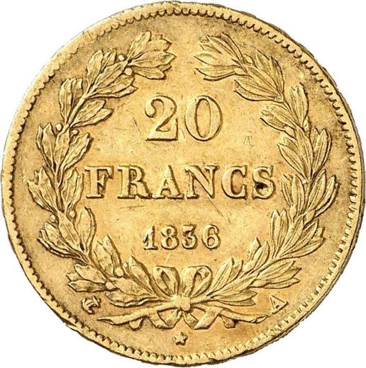 Reverso 20 francos 1836 A "Tipo 1832-1848" París - valor de la moneda de oro - Francia, Luis Felipe I