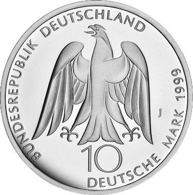 Реверс монеты - 10 марок 1999 года J "Гёте" - цена серебряной монеты - Германия, ФРГ