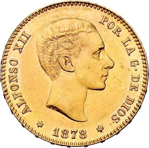 Аверс монеты - 25 песет 1878 года DEM - цена золотой монеты - Испания, Альфонсо XII