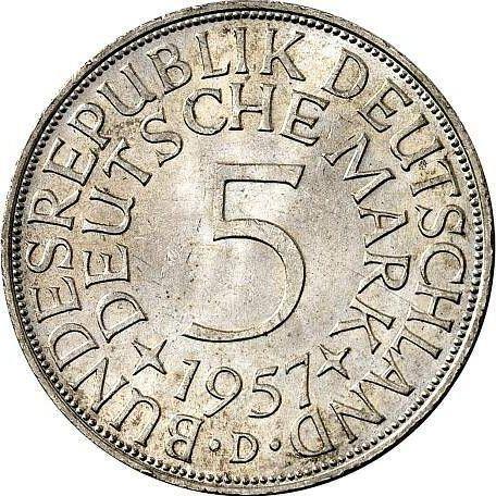 Аверс монеты - 5 марок 1957 года D - цена серебряной монеты - Германия, ФРГ