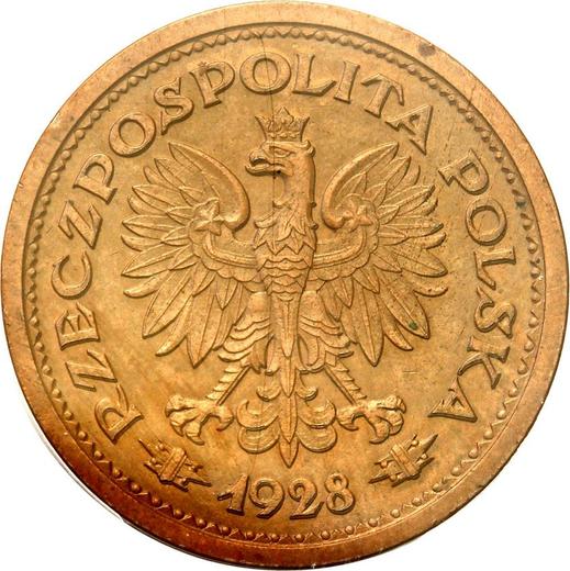 Аверс монеты - Пробный 1 злотый 1928 года "Дубовый венок" Бронза - цена  монеты - Польша, II Республика