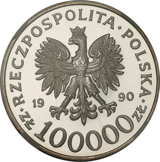 Аверс монеты - Пробные 100000 злотых 1990 года "10 лет профсоюзу "Солидарность"" - цена серебряной монеты - Польша, III Республика до деноминации