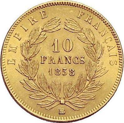 Reverso 10 francos 1858 BB "Tipo 1855-1860" Estrasburgo - valor de la moneda de oro - Francia, Napoleón III Bonaparte
