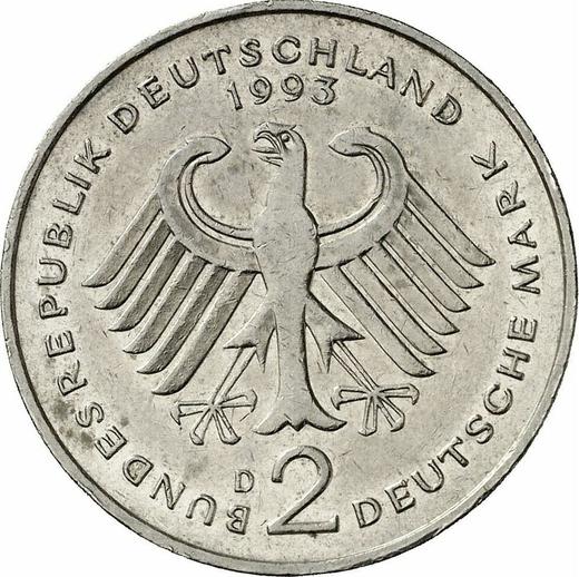 Reverse 2 Mark 1993 D "Ludwig Erhard" -  Coin Value - Germany, FRG