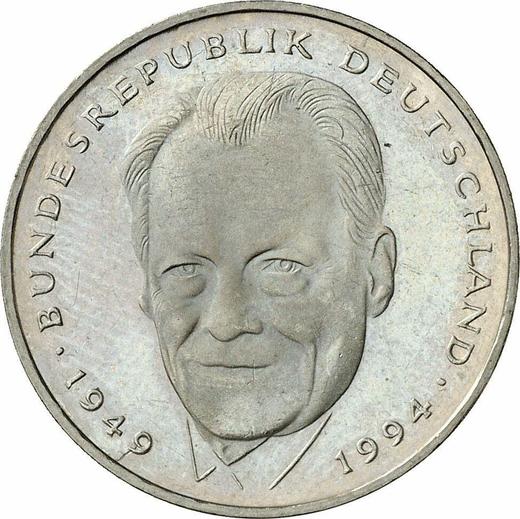 Аверс монеты - 2 марки 1994 года J "Вилли Брандт" - цена  монеты - Германия, ФРГ