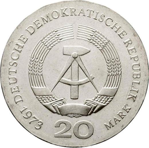 Rewers monety - 20 marek 1973 "August Bebel" Podwójny napis na rancie - cena srebrnej monety - Niemcy, NRD