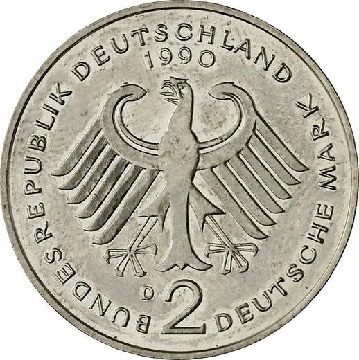 Reverse 2 Mark 1990 D "Ludwig Erhard" -  Coin Value - Germany, FRG